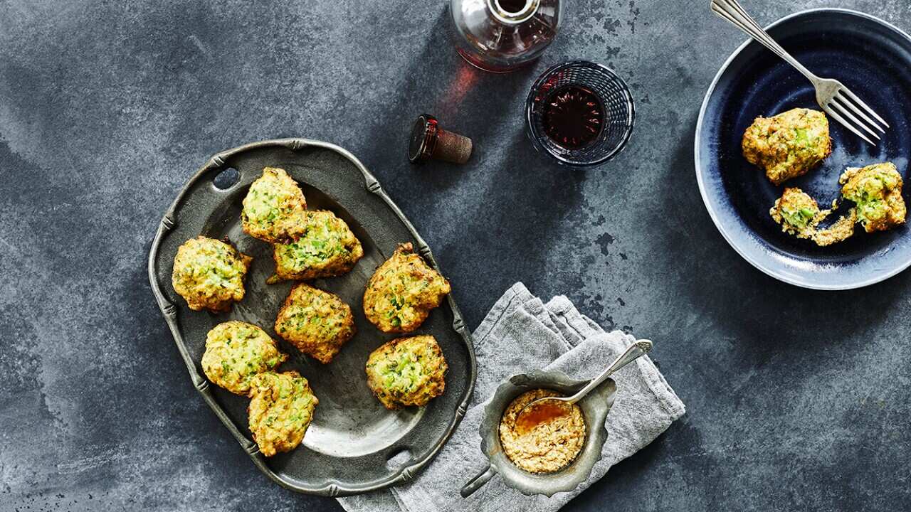 Broad bean and chickpea fritters with roasted sesame seeds