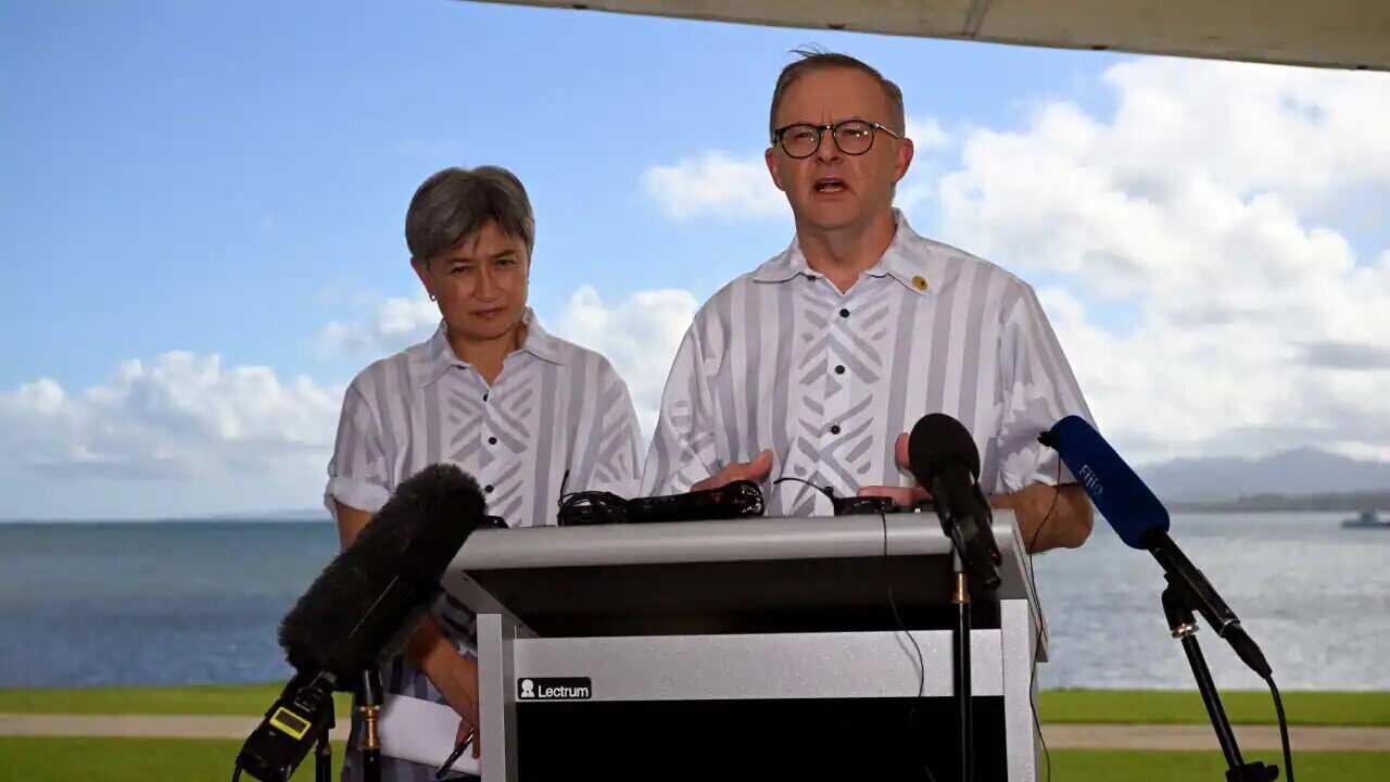 Australian Prime Minister Anthony Albanese (R) and Foreign Minister Penny Wong (L) are in Suva, Fiji, for the Pacific Island Forum leaders' meeting.