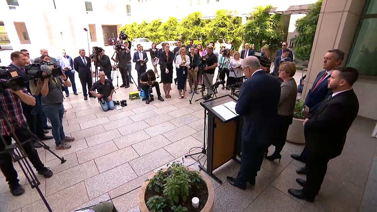 Scott Morrison announces the inqiury to the media at Parliament