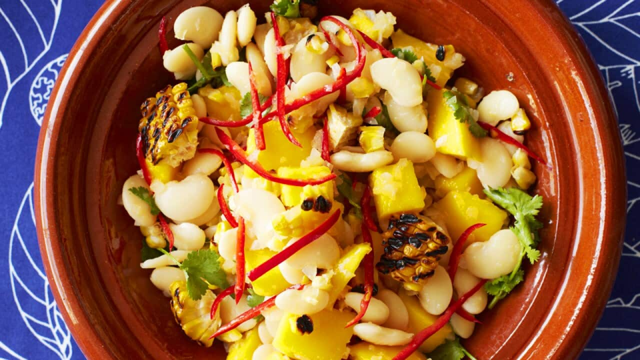 Corn, lima bean and mango salad