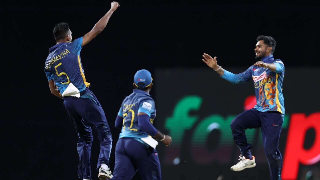 : Dushmantha Chameera of Sri Lanka celebrates with a teammate after winning the match, series is 1-1 during the 2nd match in the ODI series between Sri Lanka and Australia at Pallekele Cricket Stadium on June 16, 2022 in Kandy, Sri Lanka.