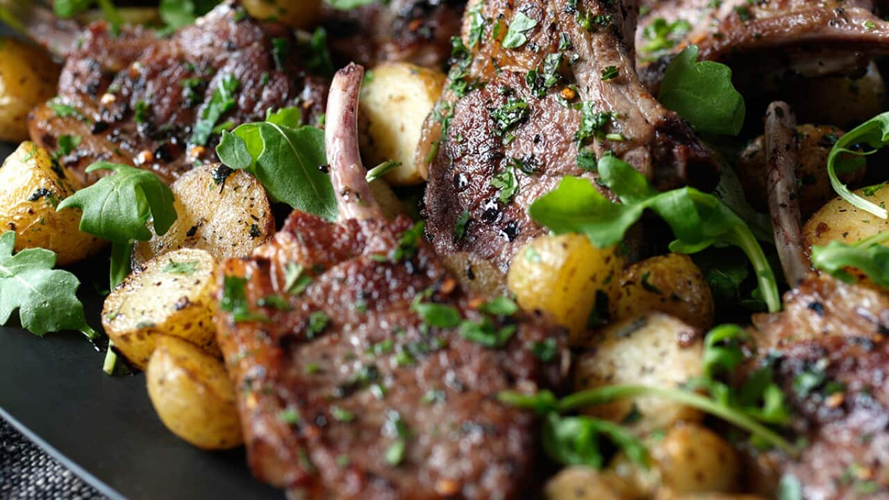 Lamb cutlets with mint, chilli and golden potatoes