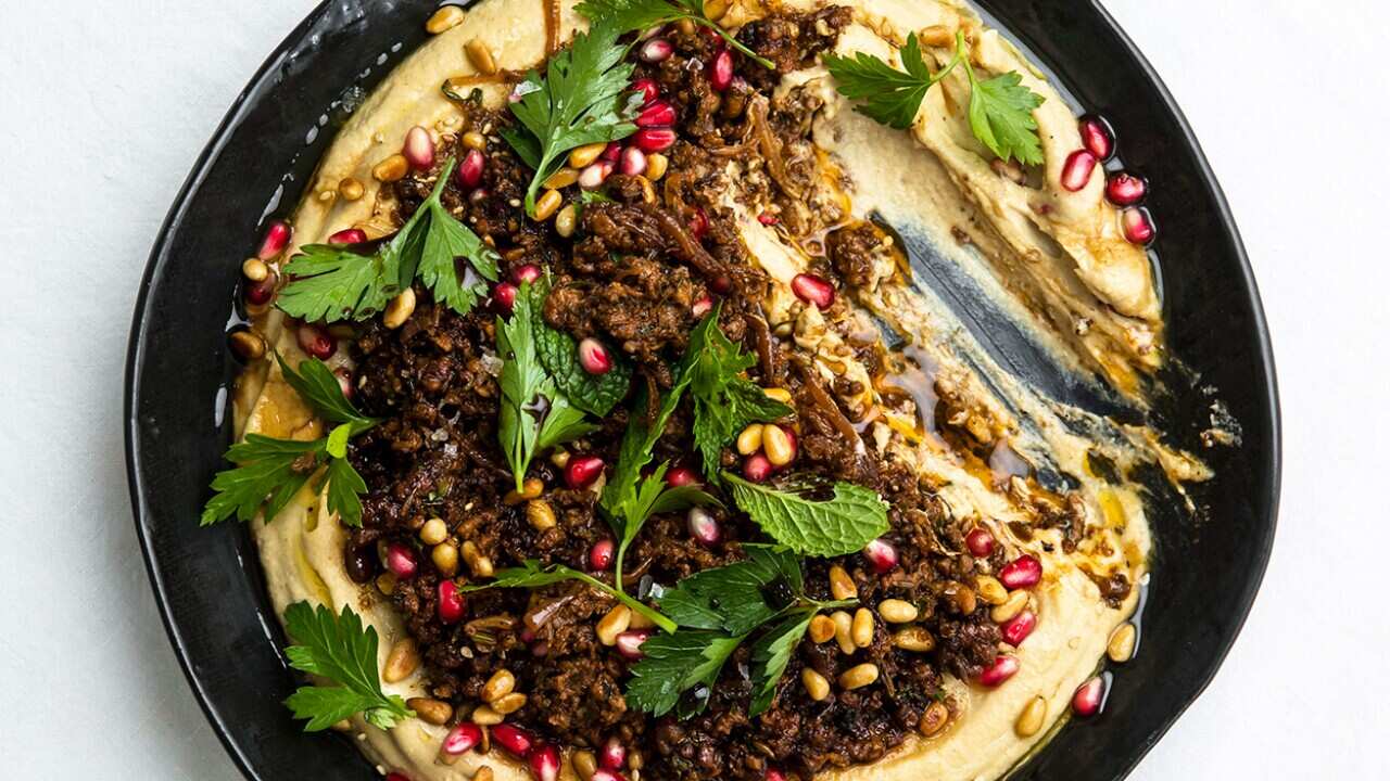 Turkish mince with hummus and spiced butter