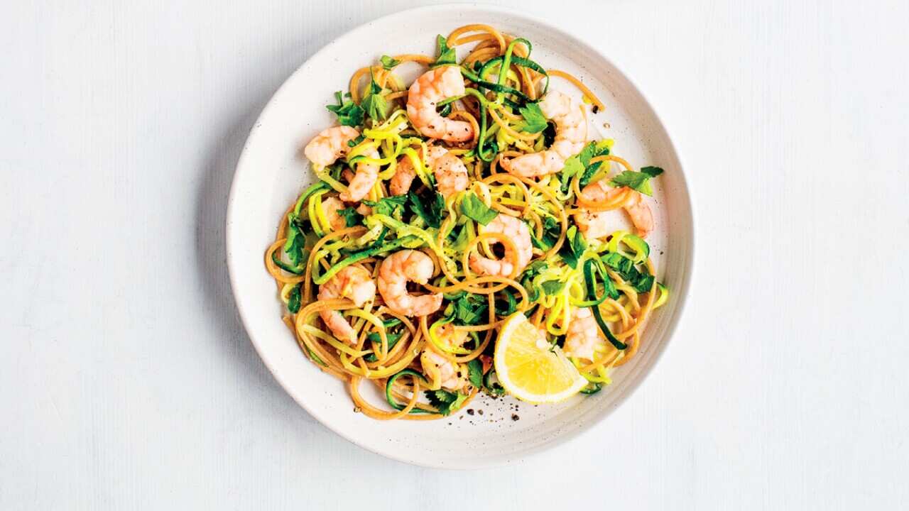 Eating good ingredients – such as garlic prawns with mixed zucchini and spaghetti from his new book – is more effective than buying vitamins.