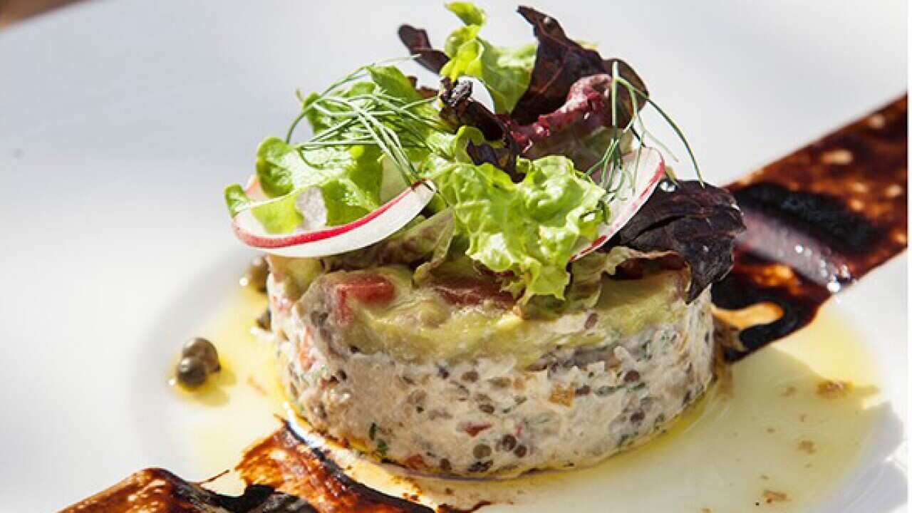 Coriander and eggplant caviar with makrut lime guacamole