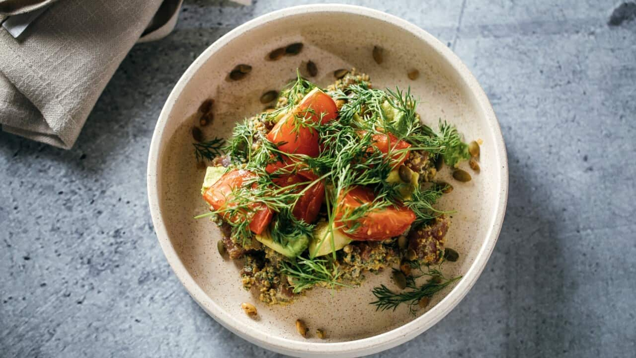 Tuna steak in coriander and pepita pesto