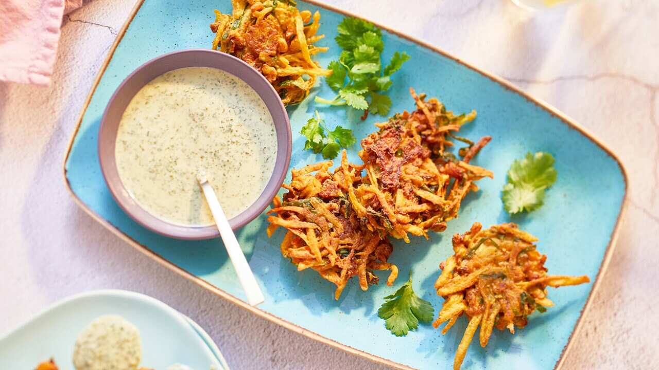 Veggie pakoras with spicy coriander chutney 