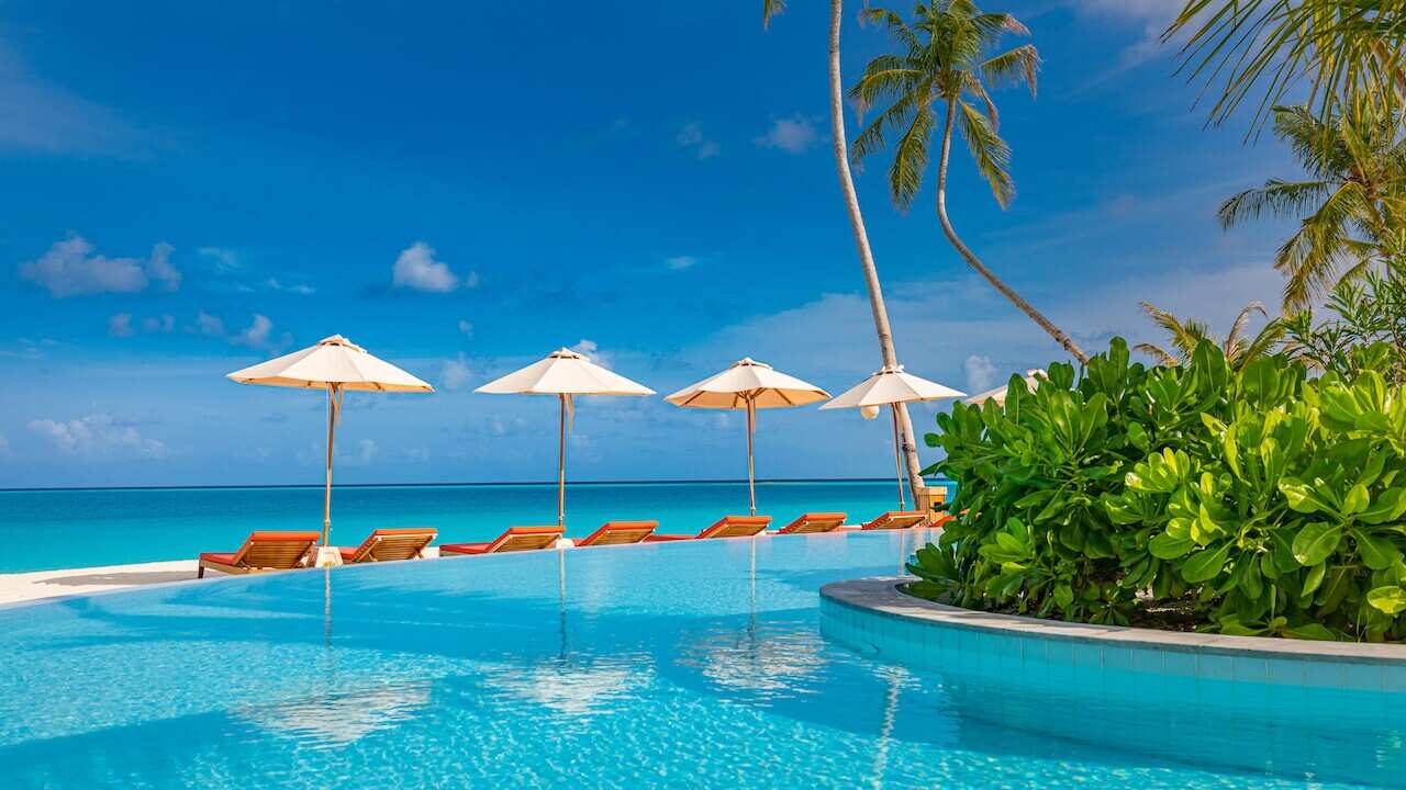 05.August.2019 - Maldives, Dhaalu Atoll, Iru Veli island: Luxurious beach resort with swimming pool and beach chairs or loungers under umbrellas with palm trees and blue sky. Summer island travel and vacation scenic