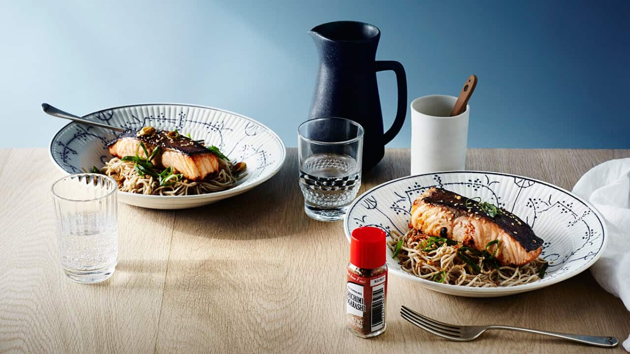 Miso-grilled salmon with soba noodles