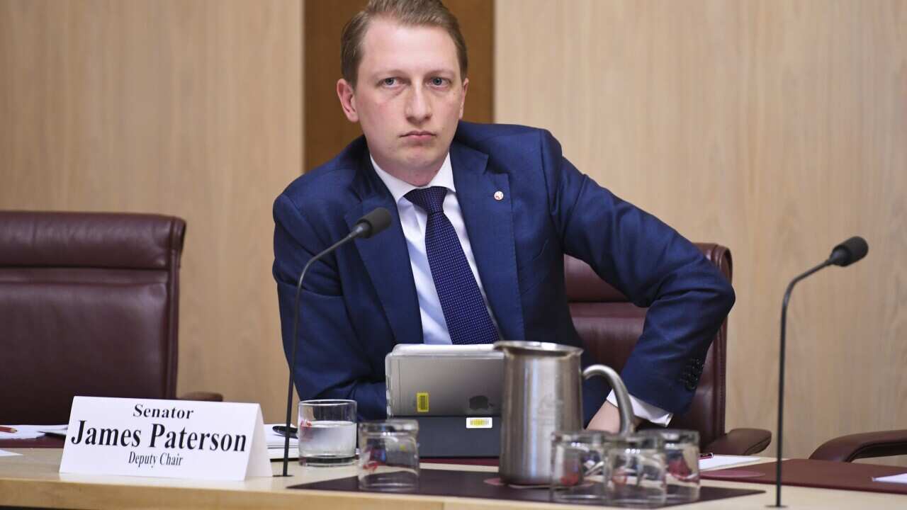 Liberal Senator James Paterson is seen during a Senate inquiry at Parliament House in Canberra, Thursday, September 5, 2019.  (AAP Image/Lukas Coch) NO ARCHIVING