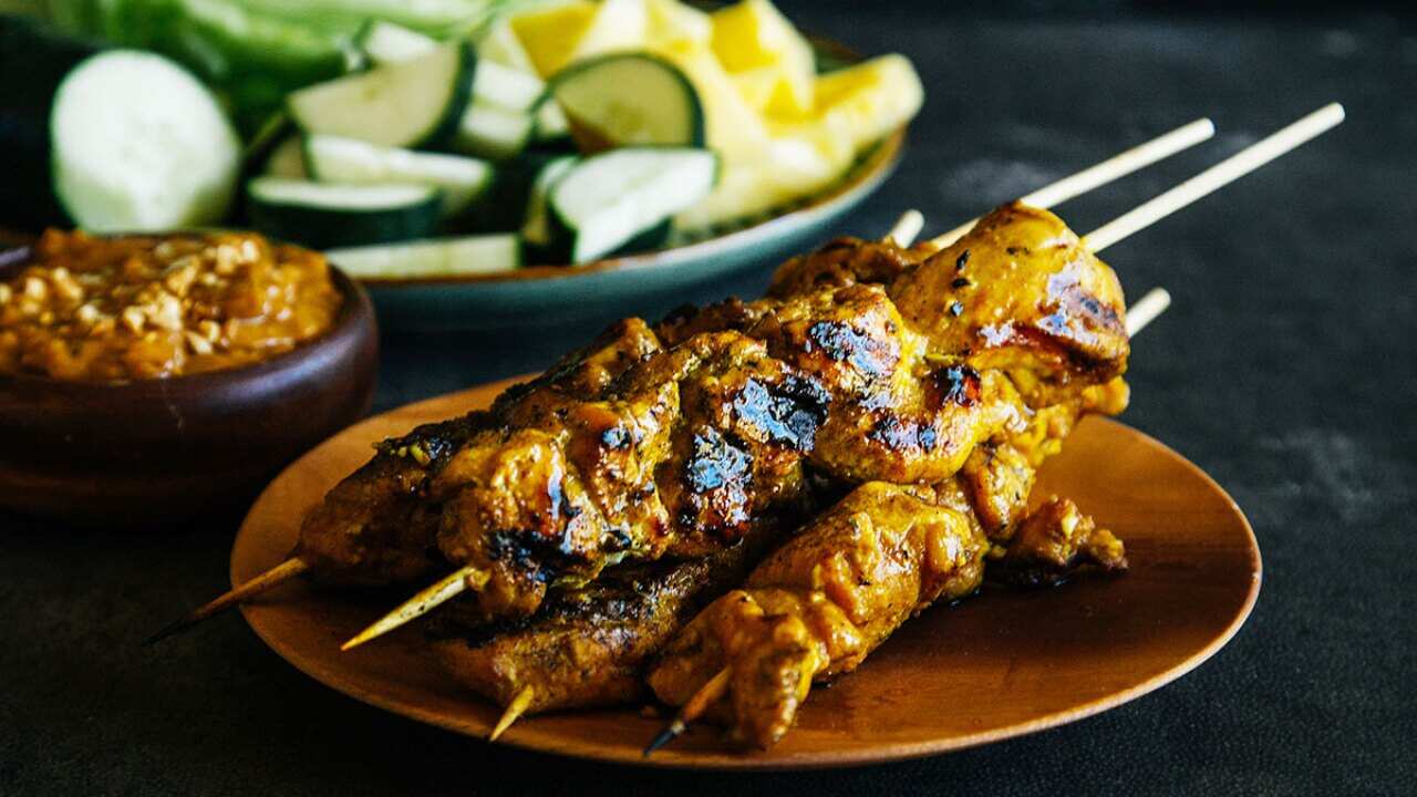 Satay chicken skewers