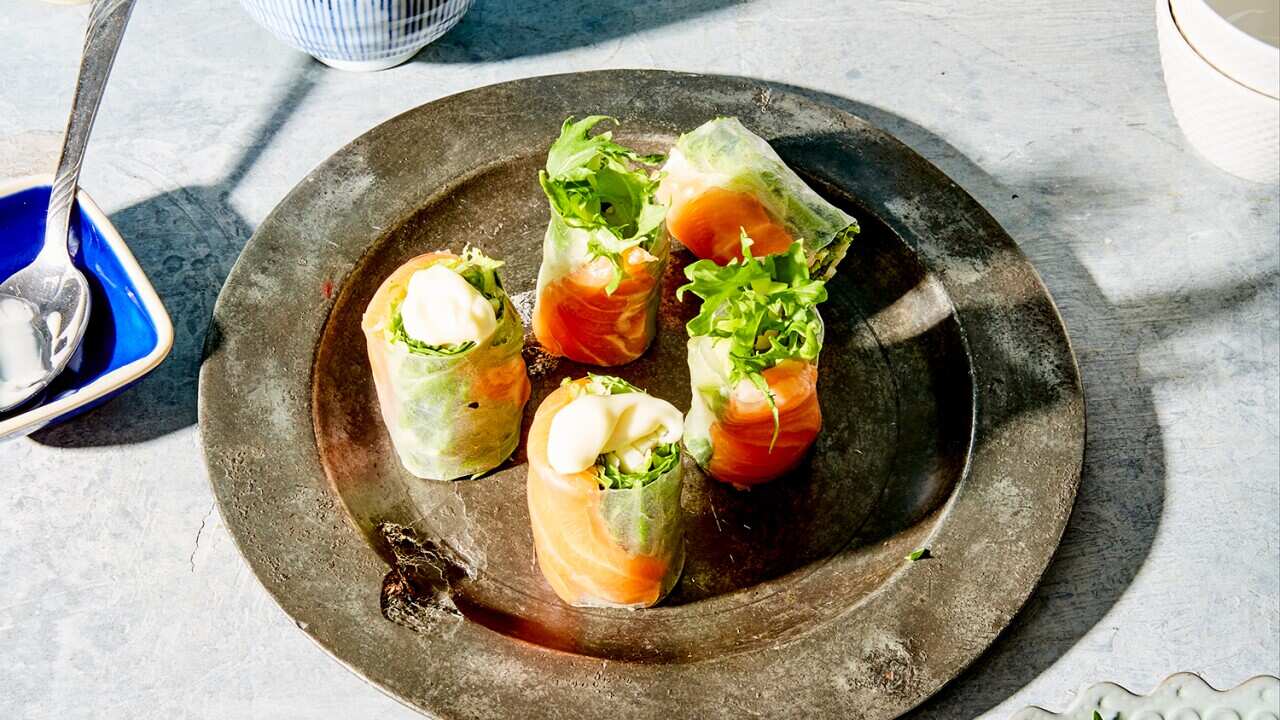 Salmon and apple rice paper rolls