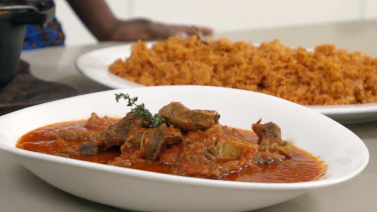 African oxtail stew and jollof rice