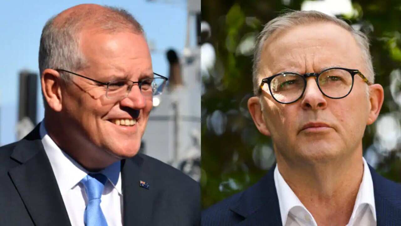 Prime Minister Scott Morrison (L) and Opposition leader Anthony Albanese on on Day 8 of the 2022 federal election campaign.