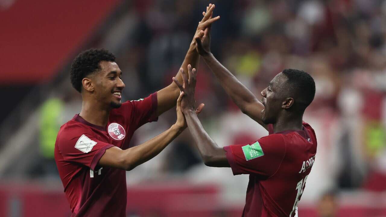 Almoez Ali celebrates a goal for Qatar