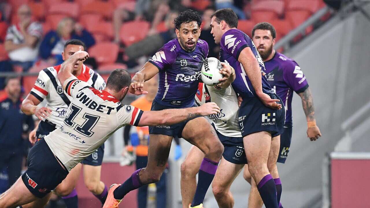 Josh Addo-Carr of the Storm  during the Round 8 NRL match between Melbourne Storm and the Sydney Roosters at Suncorp Stadium in Brisbane, Thursday, July 2, 2020. (AAP Image/Darren England) NO ARCHIVING, EDITORIAL USE ONLY