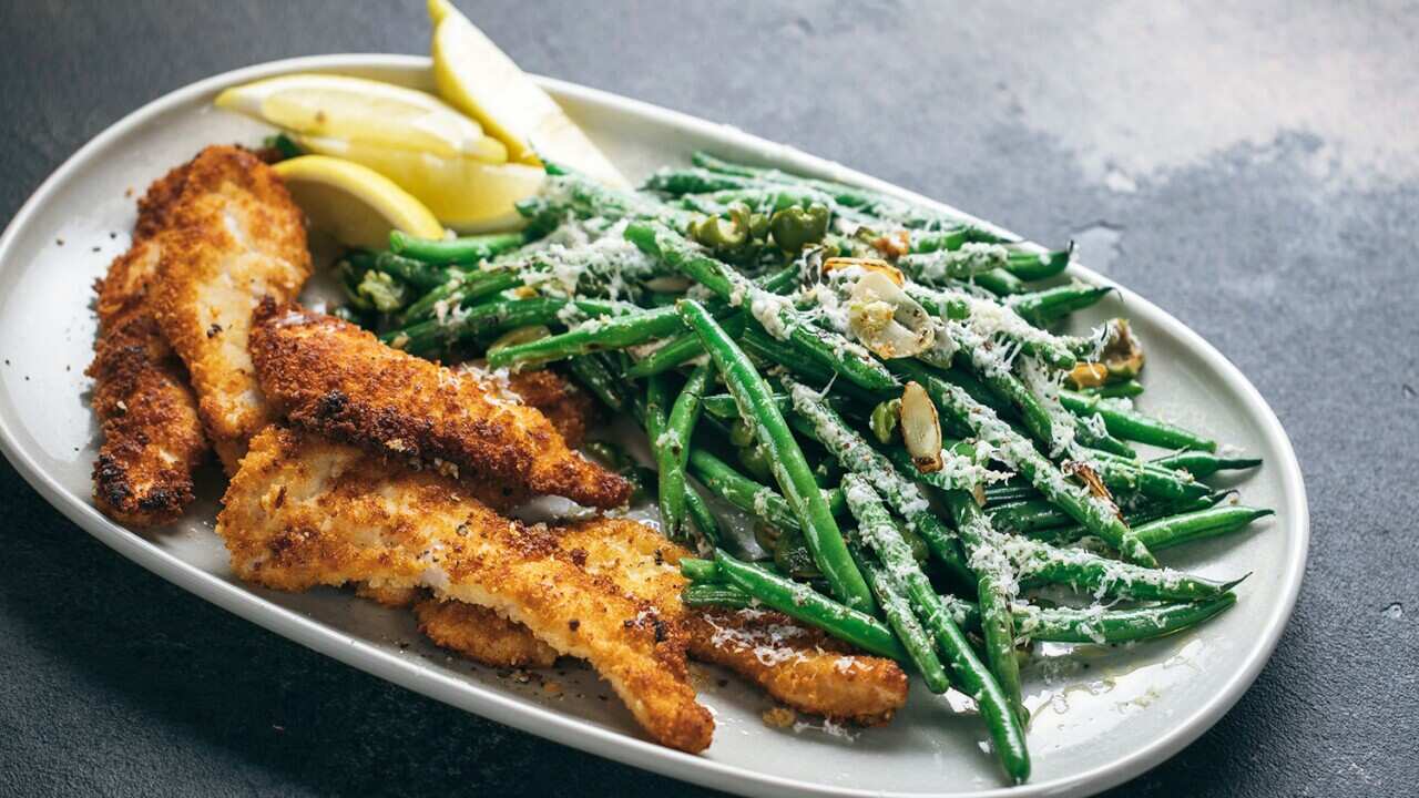 Quick crumb schnitzel and hot bean salad