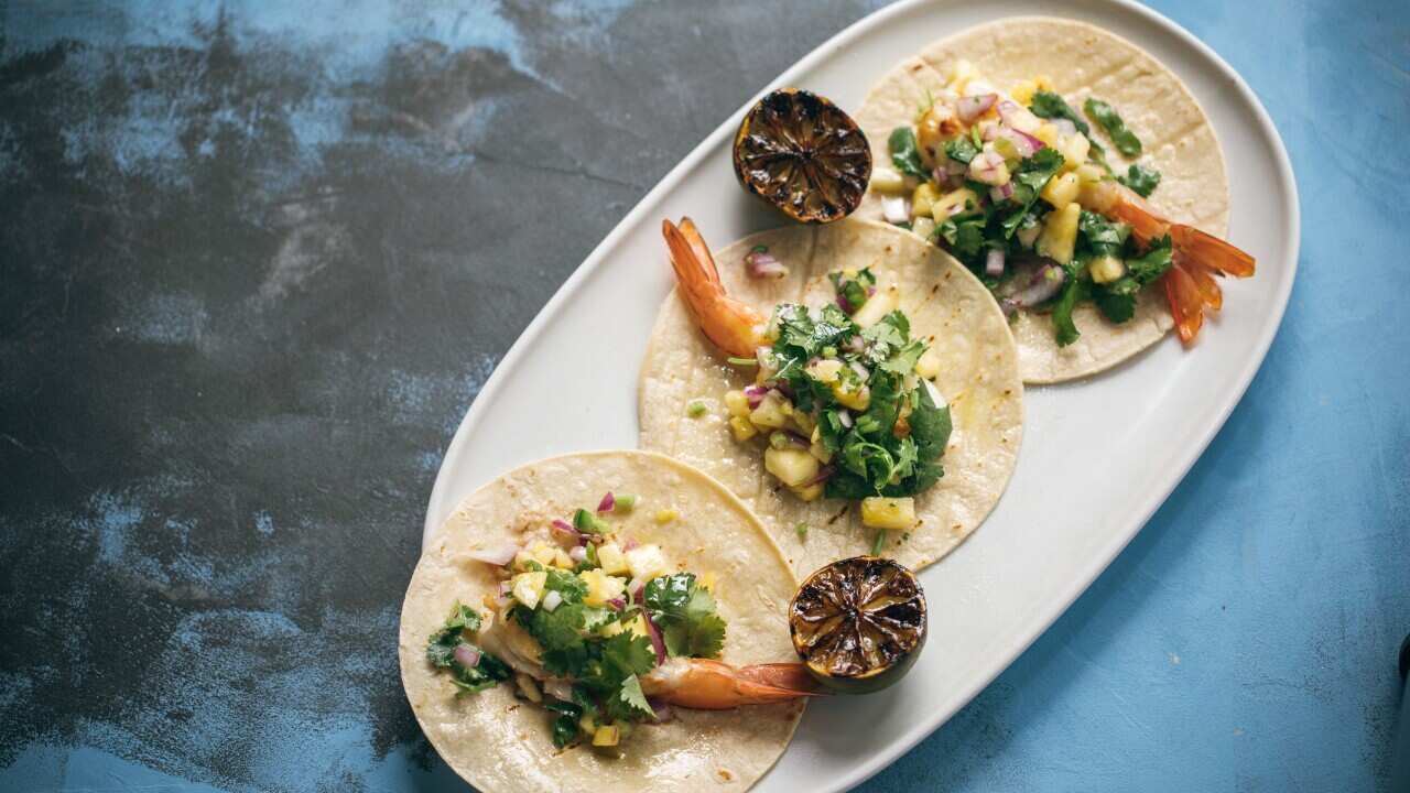 Prawn tacos with pineapple jalapeno salsa