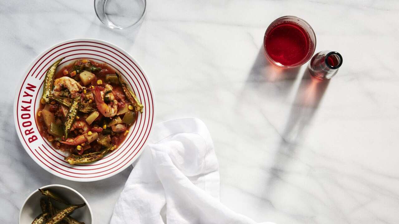 Cajun-inspired prawn stew with corn and crispy okra