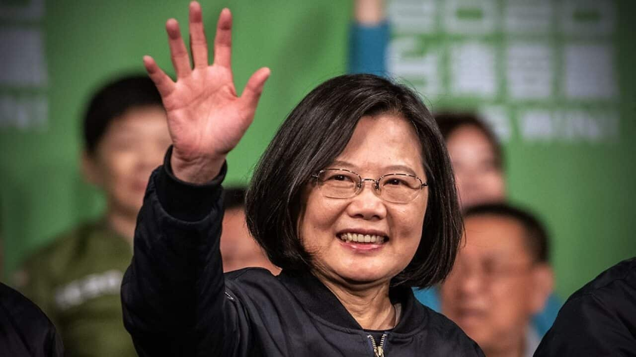 Tsai Ing-Wen waves to supporters following her re-election as President of Taiwan. 