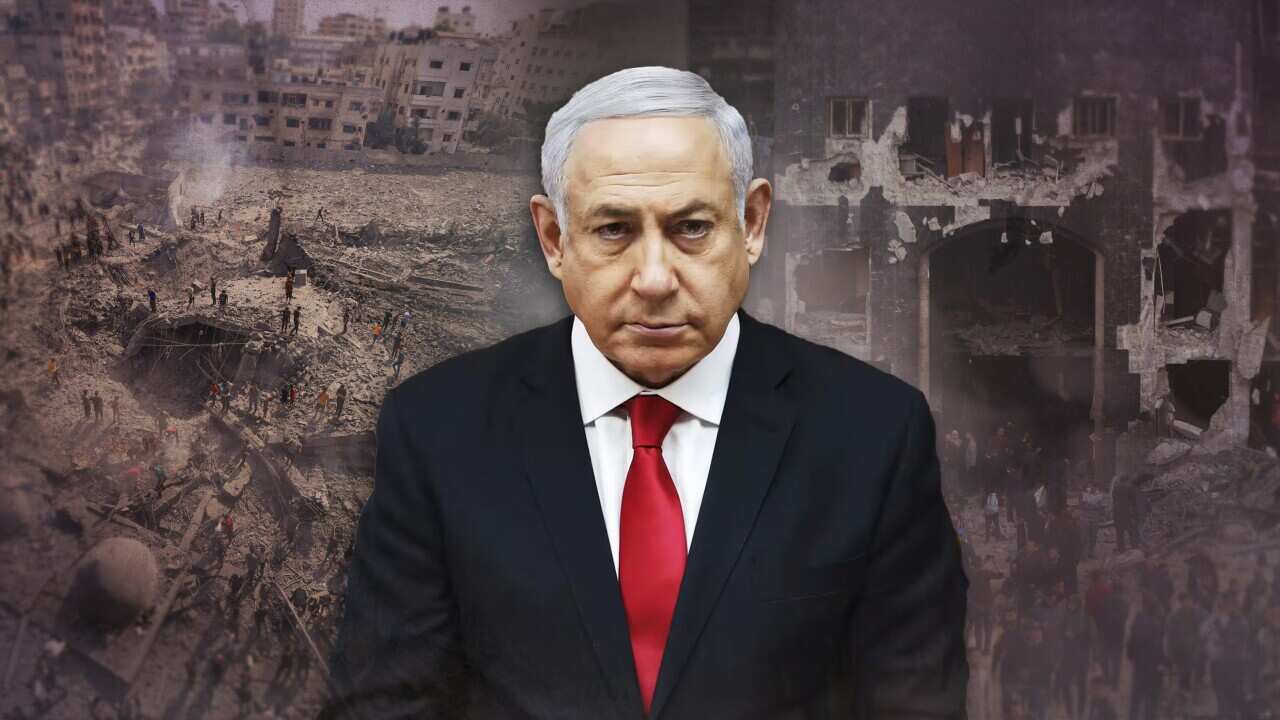 Israel prime minister Benjamin Netanyahu wearing a suit superimposed over images of rubble