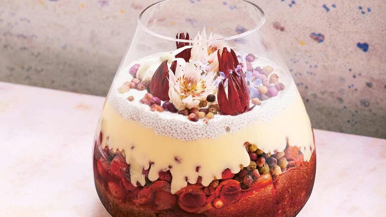 Strawberry gum, cherry and riberry tapioca trifle 