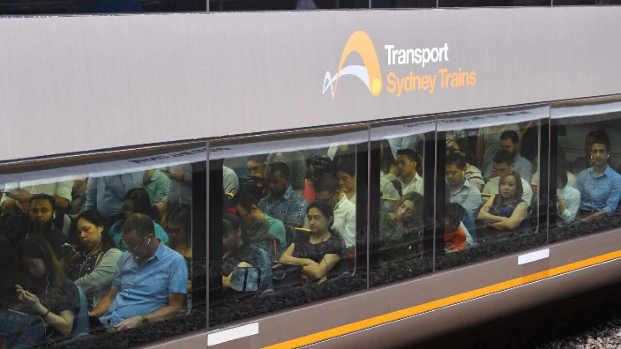 People sit in a Sydney Trains carriage during rush hour at Strathfield train station in Sydney