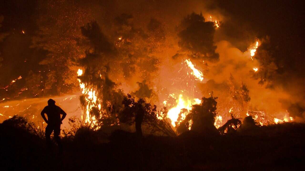 Residents and volunteers watch the development of a wildfire near Kamatriades in Evia, Greece, on the night of 10 August 2021