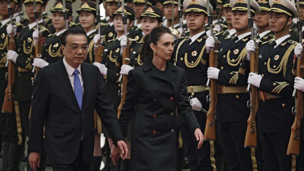 New Zealand Prime Minister Jacinda Ardern and Chinese Premier Li Keqiang during a welcome ceremony in Beijing, Monday, 1 April, 2019.