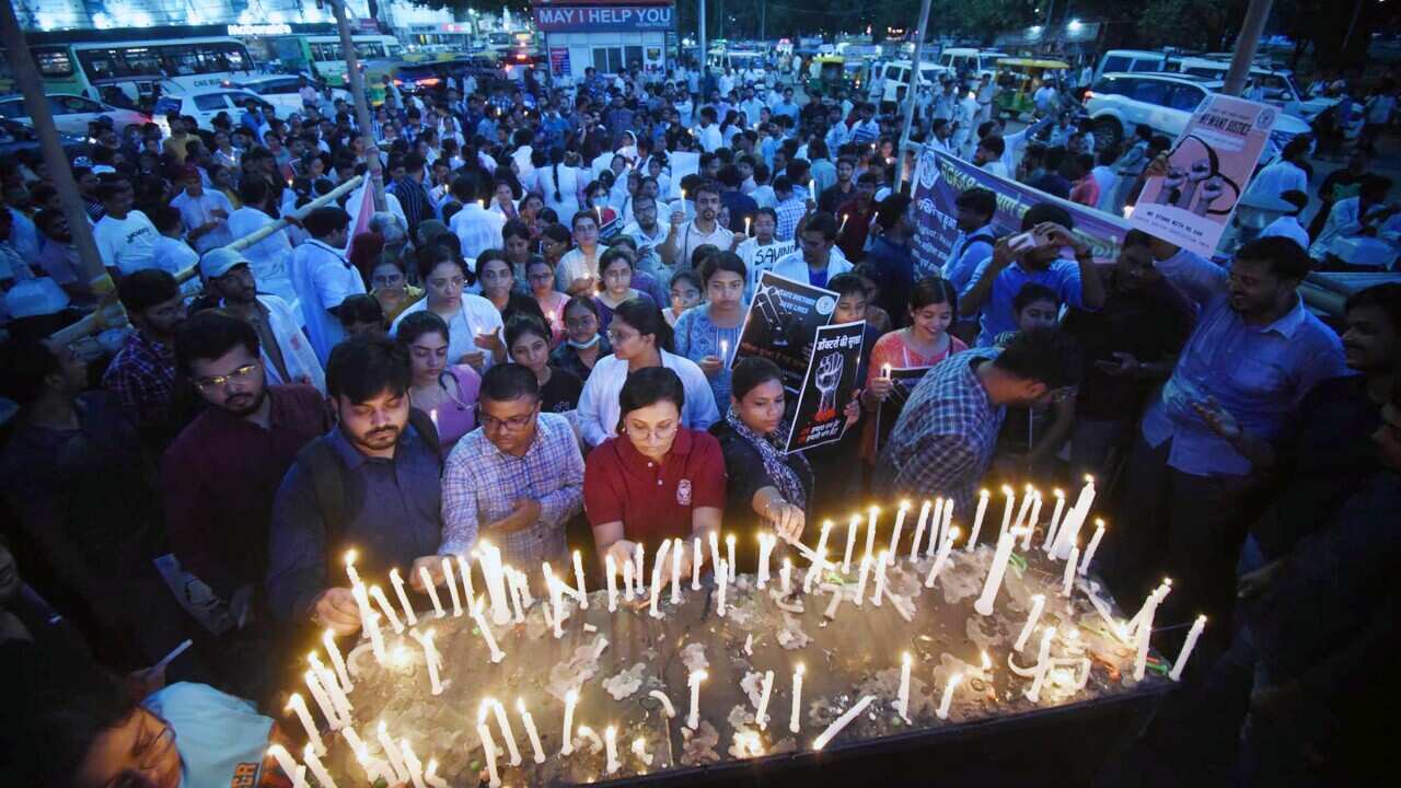 Doctors taking out candle march during a protest over the RG Kar Medical College, Kolkata incident at Kargil Chowk on August 20, 2024 in Patna, India. (Photo by Santosh Kumar/Hindustan Times/Sipa USA) AAP