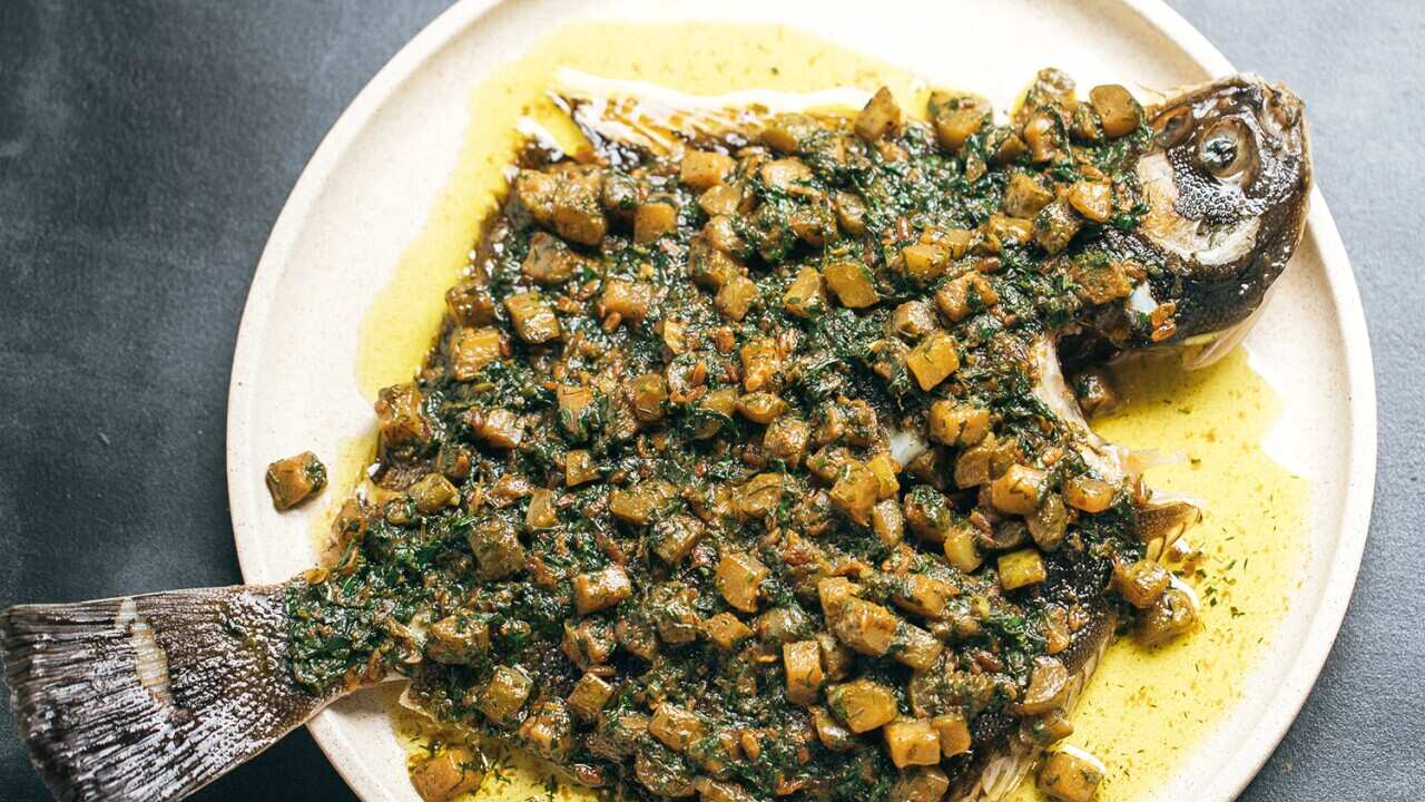 Flounder with fried pickles and miso