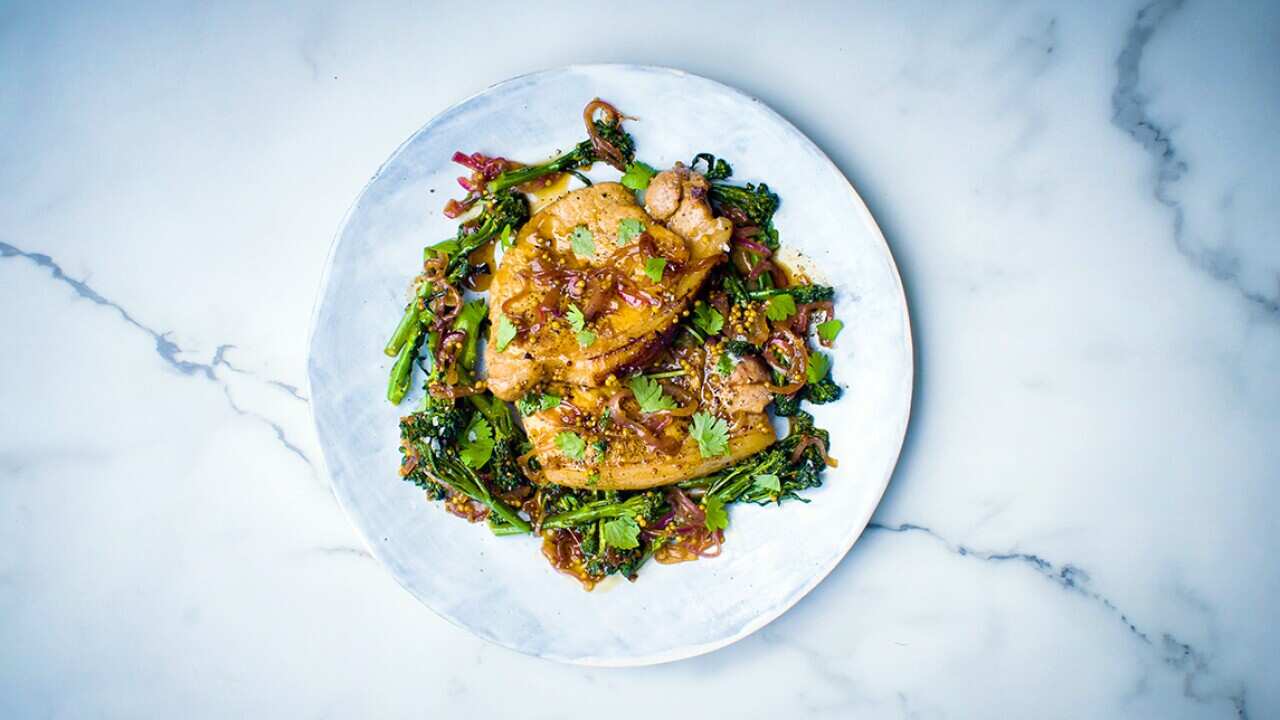 Sticky maple apple pork with broccolini 