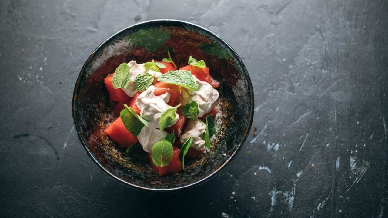 Watermelon salad, rosewater and cinnamon labneh