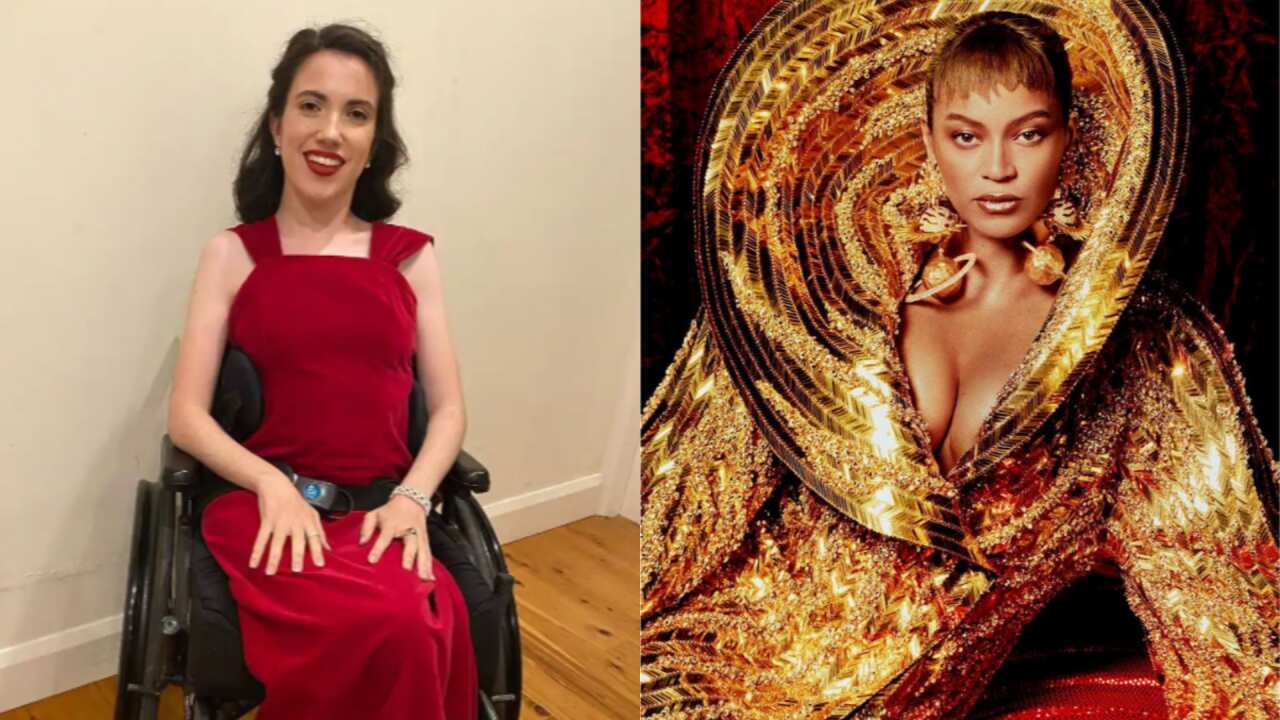 Composite image of Hannah Diviney in a red dress in a wheelchair on the left, and Beyoncé on the right in a gold outfit. 