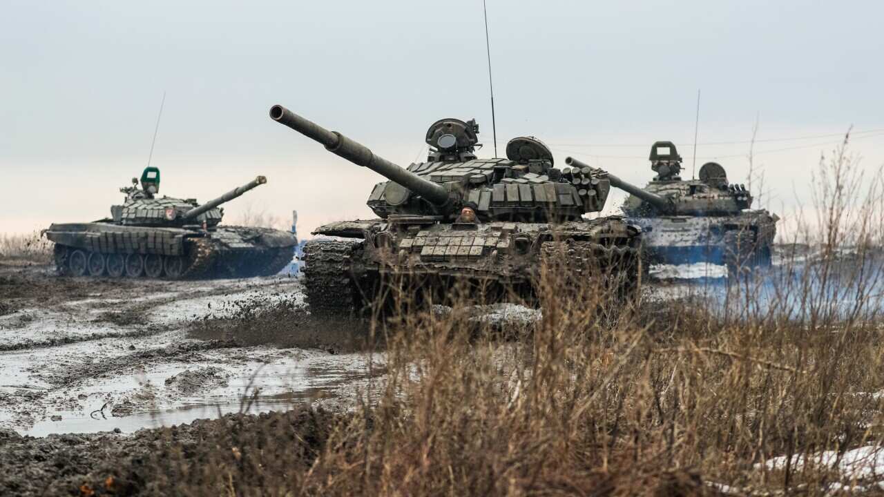 ROSTOV REGION, RUSSIA - FEBRUARY 3, 2022: T-72B3 tanks of the tank force of the Russian Western Military District conduct field firing at Kadamovsky Range. Erik Romanenko/TASS/Sipa USA