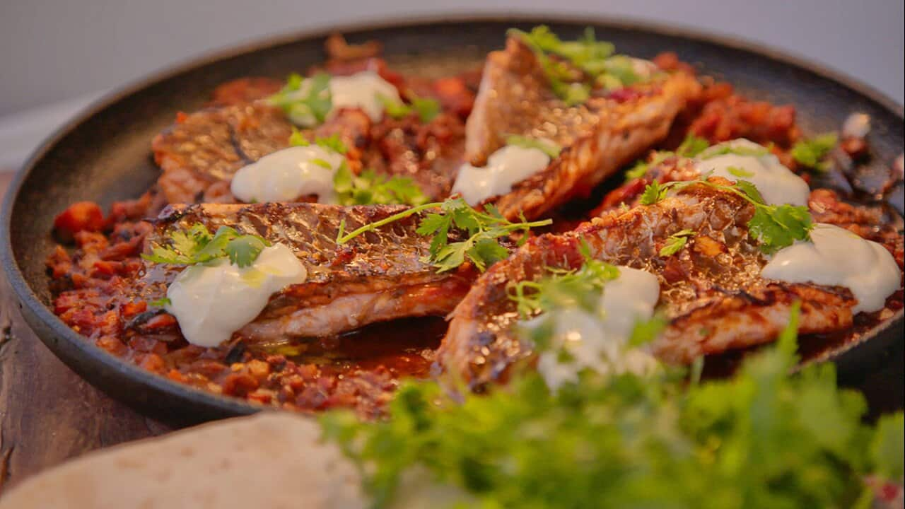 Harissa bream with flat bread and homemade labneh