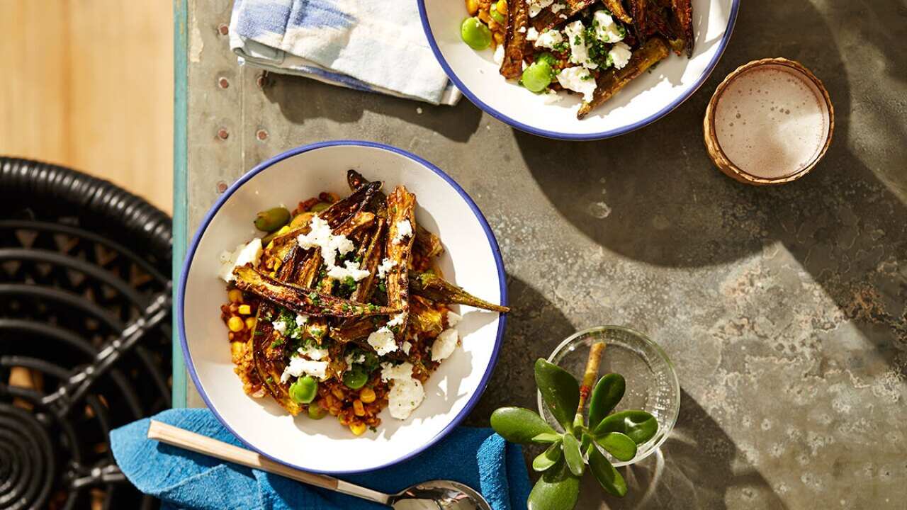 Cajun-spiced okra with a warm corn, bean and freekeh salad