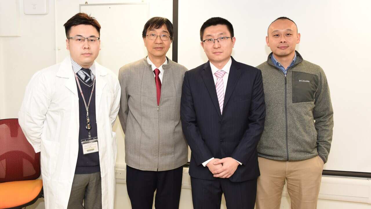 Group photo of the research team (from left) Dr Jasper Chan Fuk-woo, Professor Yuen Kwok-yung, Dr Yuan Shuofeng and Dr Chu Hin.