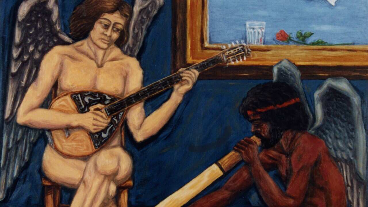 "Angels of Music". A Greek angel and an Indigenous one playing their traditional music organs: bouzouki and didjeridoo. Painting by Nikos Soulakis