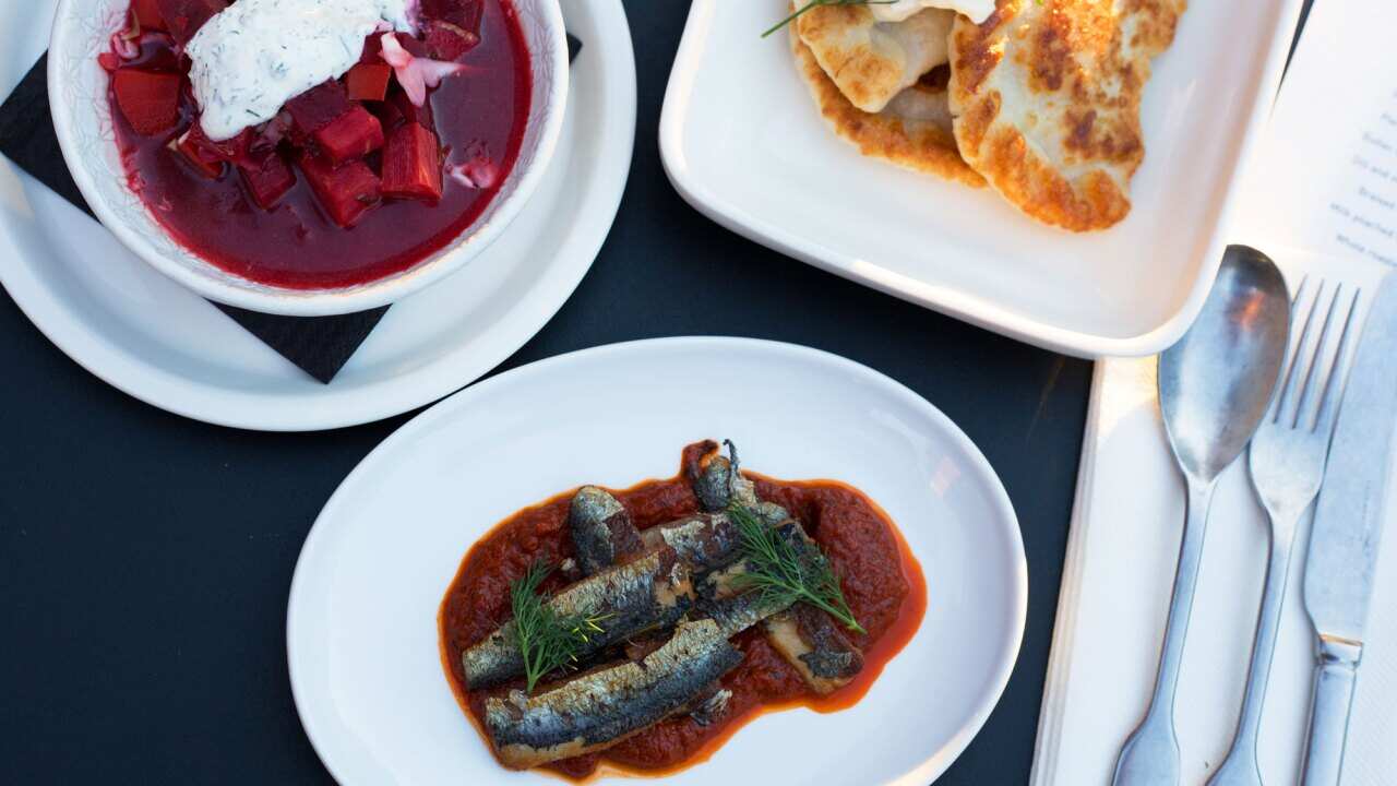 On the menu: borscht, pierogi and seared sardines with lesco sauce.  