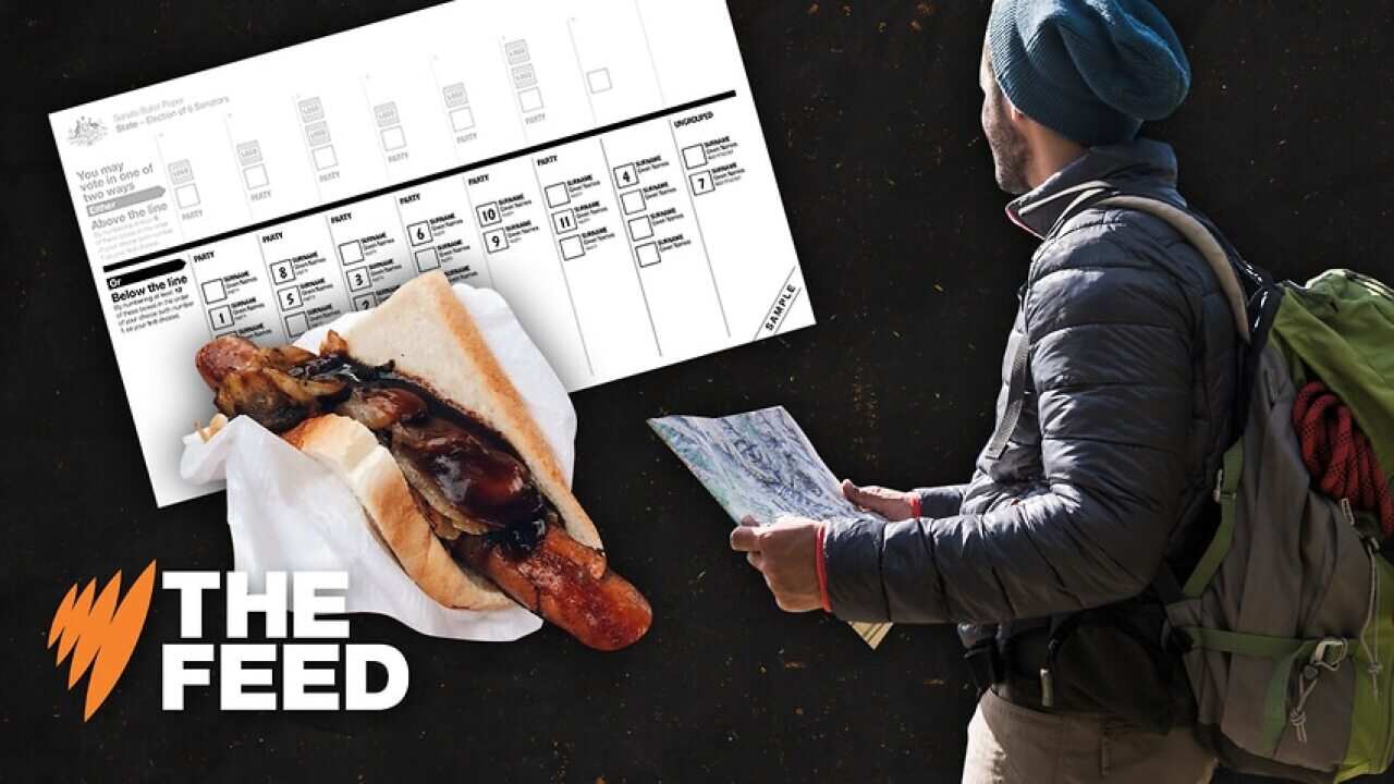 Image of a ballot paper, a backpacker and a sausage sandwich