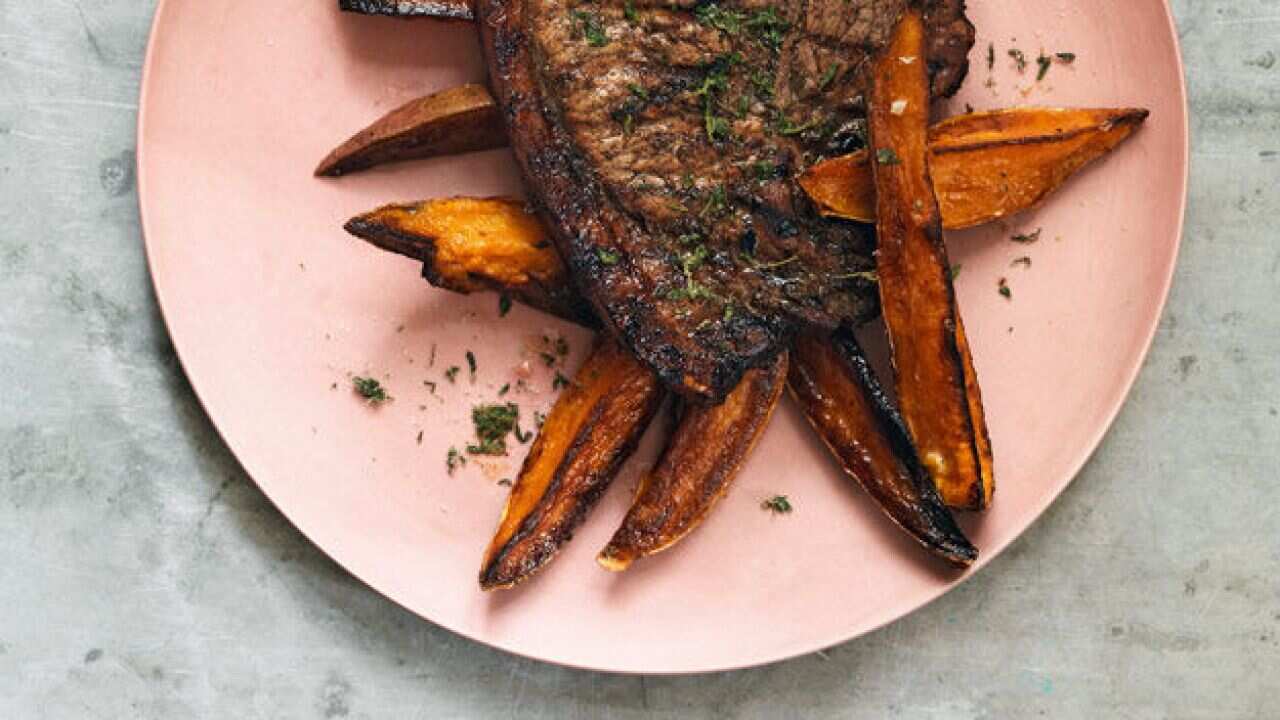 Jerk-spiced pork chops with sweet potato salad