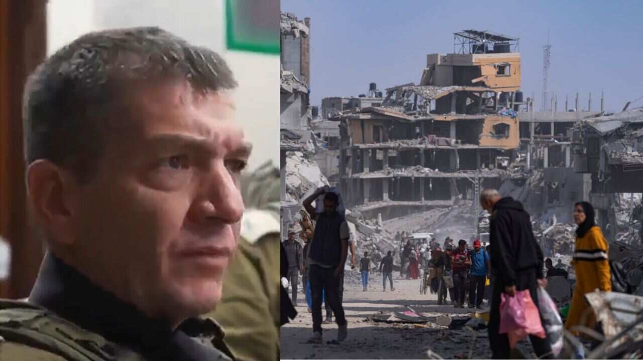 A split image with Israel's Major General Aharon Haliva on the left, and people carrying supplies on a destroyed street in Gaza