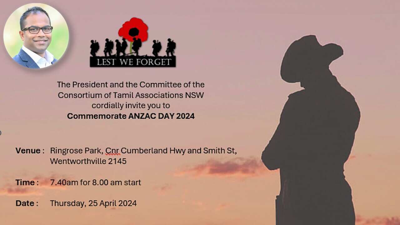 Tamils in NSW commemorate ANZAC Day 2024; Inset: Rishi Rishikesan