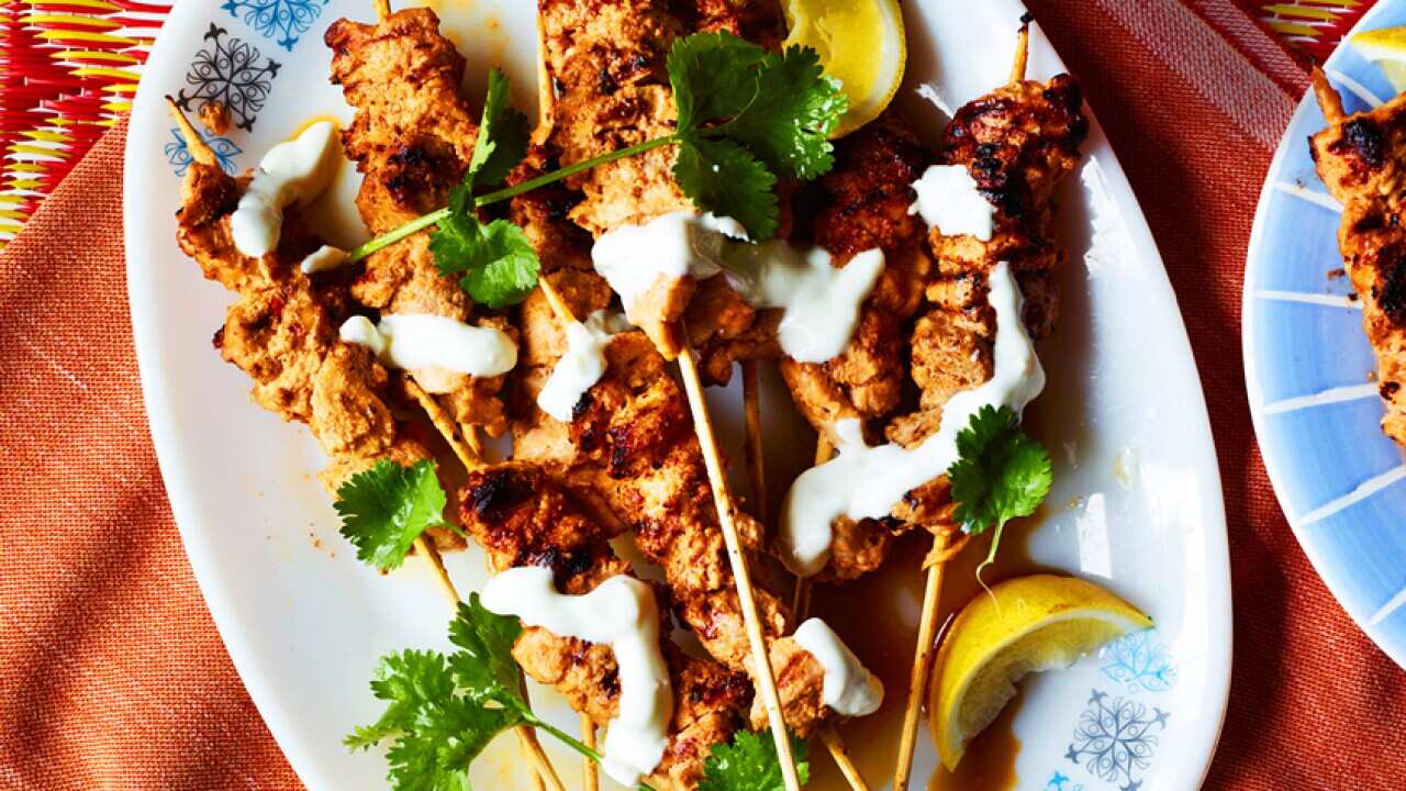 Peanut butter chicken skewers with ginger yoghurt