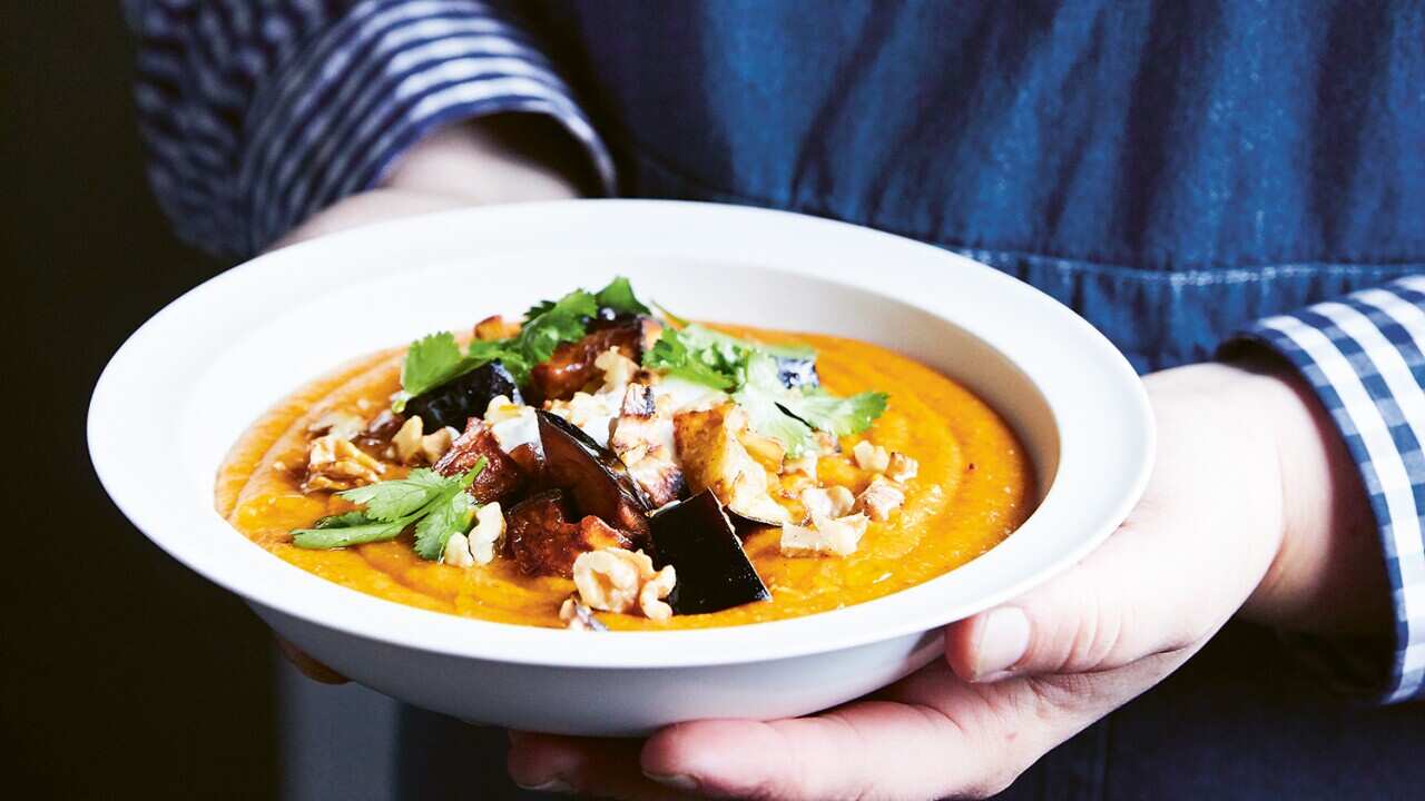 Spiced split lentil soup with fried eggplant