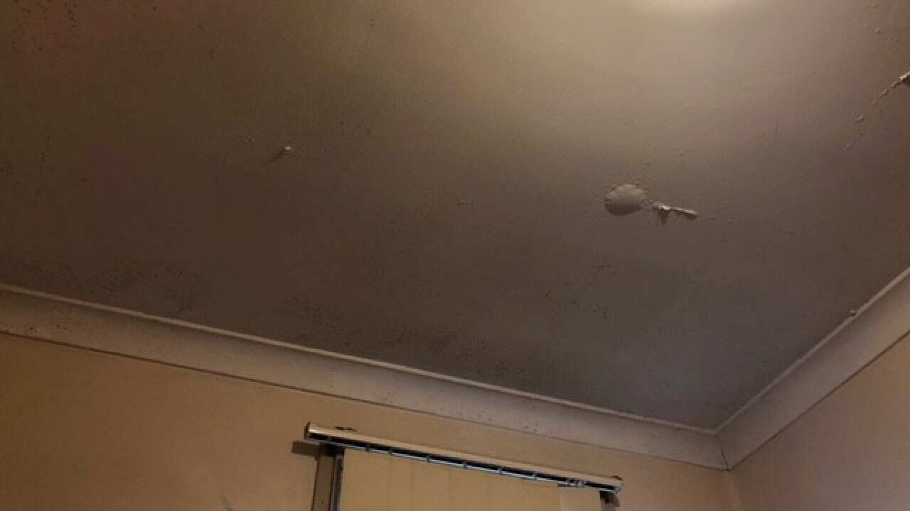 A picture of a ceiling showing water damage and mould growth.