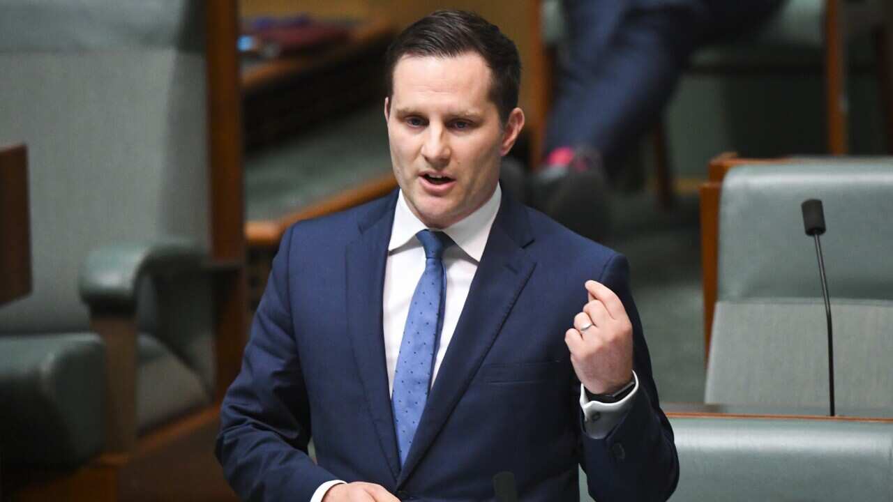 Immigration Minister Alex Hawke speaks at Parliament House in Canberra.