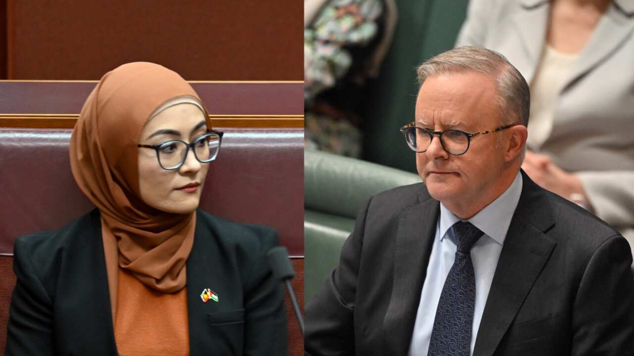 A composite photo of Fatima Payman sitting in parliament in a headscarf and Anthony Albanese.