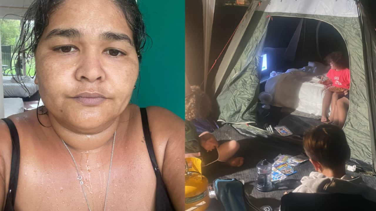 A split image. On the left is a photo of a woman. On the right are three children sitting in and outside a tent.